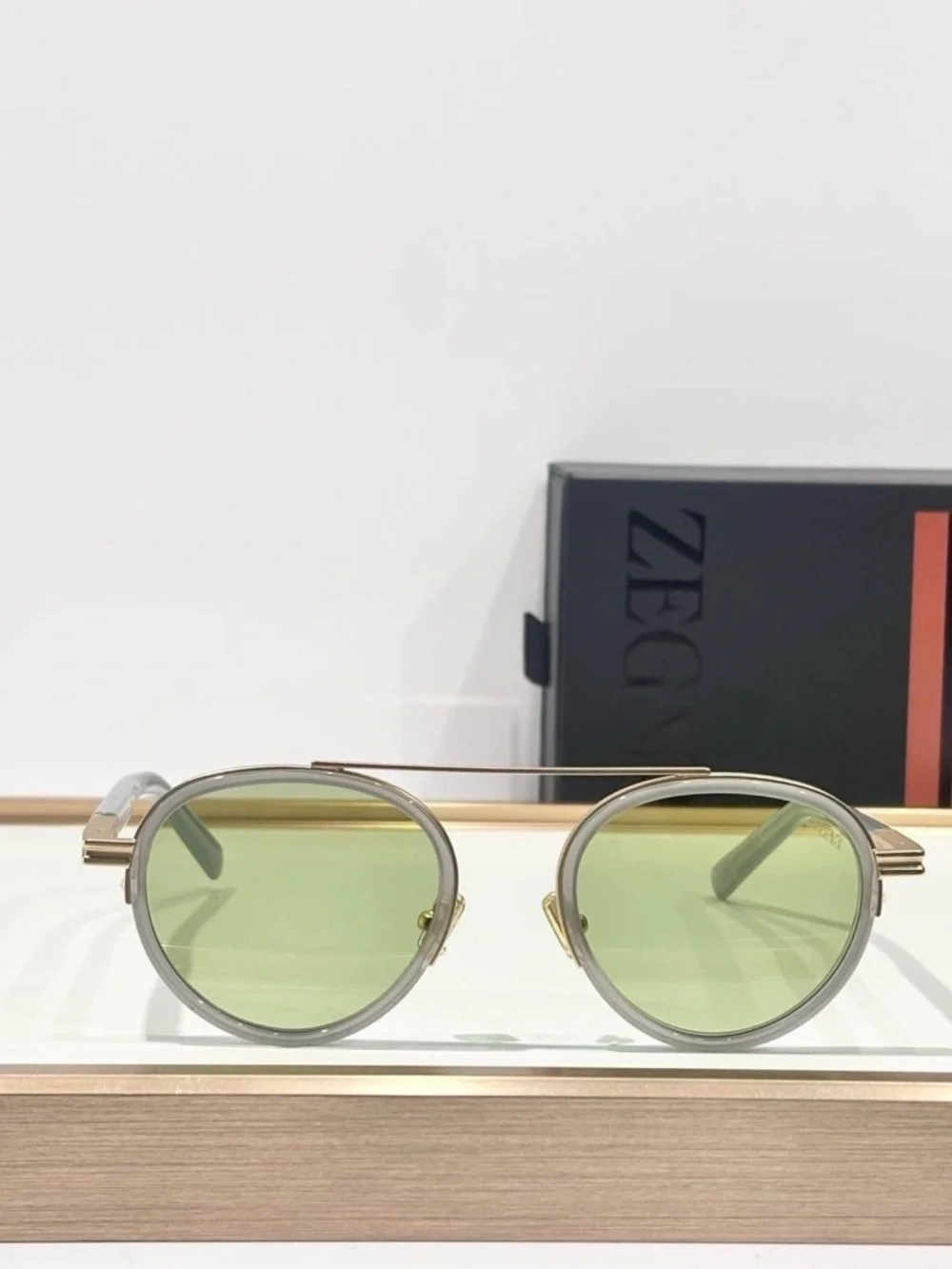 Ermenegildo Zegna Gold-Trim Round Sunglasses with Green Lenses